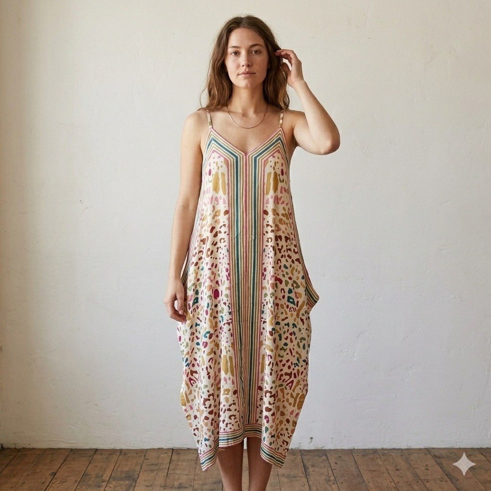 Z&L Europe Dress Womens Small Multicolor Geometric Animal Print V-Neck Boho Maxi